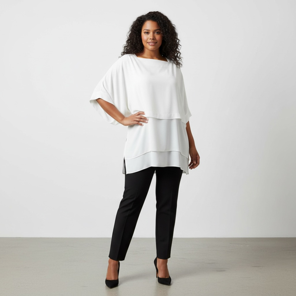 Zara White Layered Chiffon Boatneck Tunic Top
